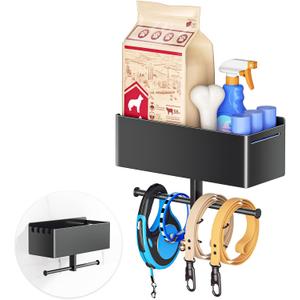 Dog Leash Holder for Wall, Dog Leash Hooks, Pet Stuff Organizer with Shelf Storage, Metal Key Holder, Leash Hangers Organizer Rack for Pet Collar, Toys, Treats, Poop Bag (Black)