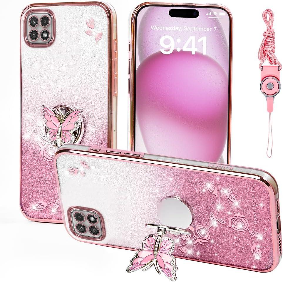 for Samsung Galaxy A22 5G (Not Fit A22 4G) Phone Case,for Mobile Phone Case for Women and Girl, Glitter Butterfly Floral TPU Protective Cover with Kickstand+Strap for Samsung A22 5G (Pink)