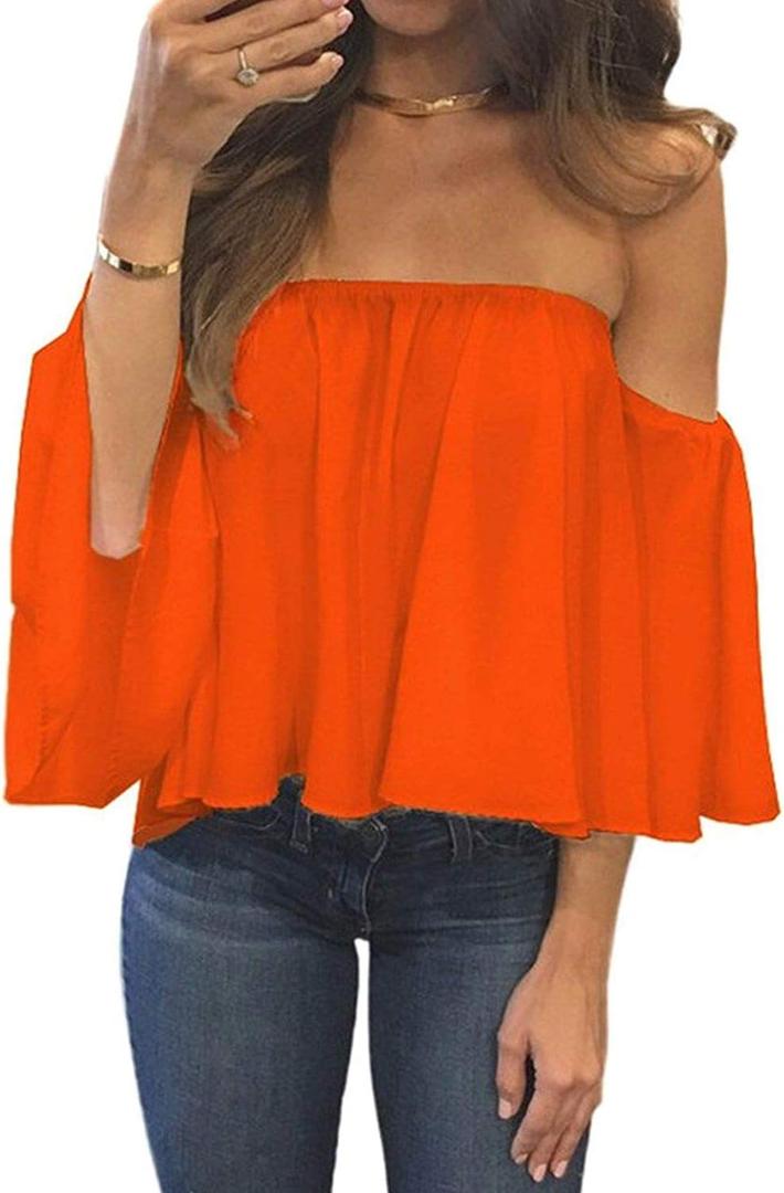 Bluetime Women Summer Off Shoulder Chiffon Blouse Ruffles Short Sleeves Tops Casual T Shirt (Orange, L)