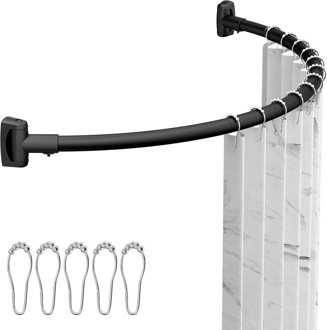 ENJOYBASICS Curved Shower Curtain Rod with Shower Rings, Adjustable Round Bathroom Rod for Extra Space, Rustproof, Need to Drill, Matte Black, 35-77 Inches