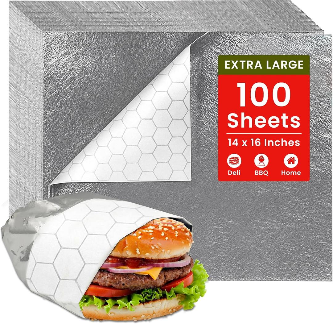Extra Large - (100 Sheets) - Sandwich Wrapping Paper Sheets With Foil Backing - Burrito Wrappers Sandwich Paper Wrap - Food Wrapping Deli Sheets - 14 x 16 Inches