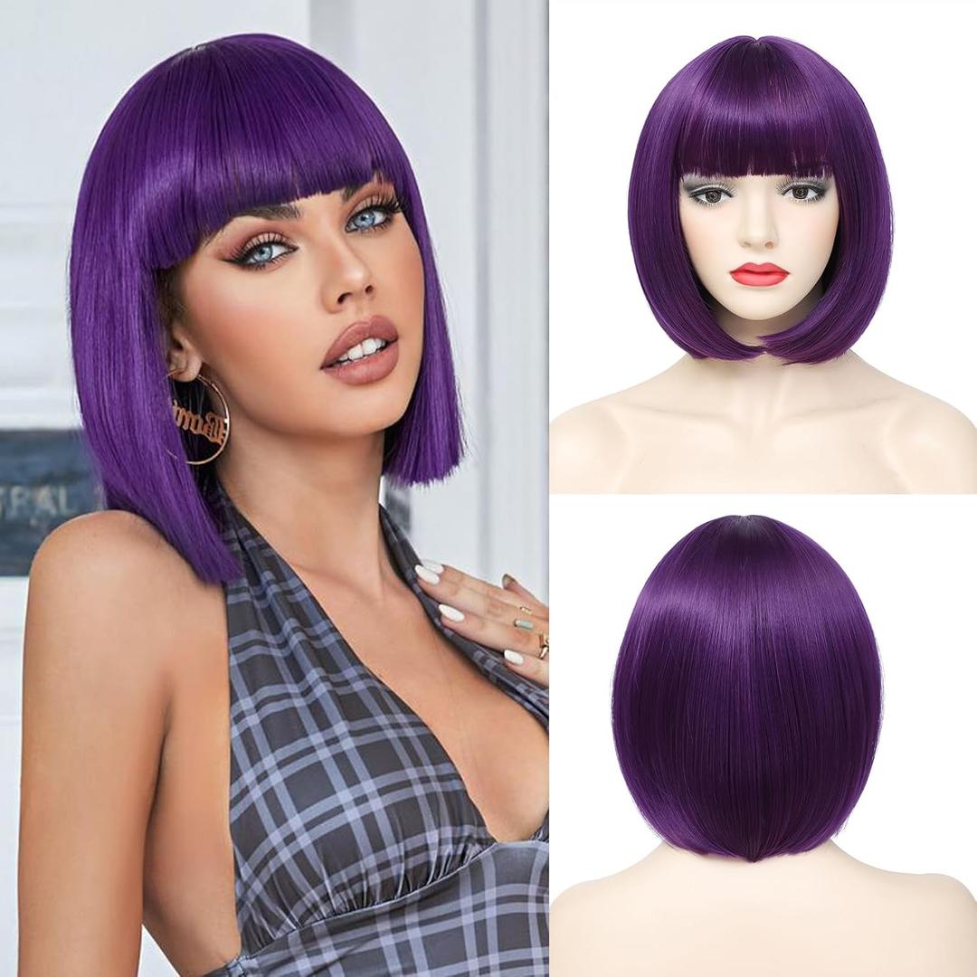 Purple Bob Wigs with Bangs Short Straight Wigs For Women Shoulder Length Synthetic Bob Wigs For Halloween Daily Party Cosplay