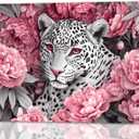 YMXDYMJSW Leopard Canvas Wall Art Leopard and Peony Pictures Prints Black and White Cheetah Poster Wild Animal Paintings for Office Bedroom Decor Framed (Pink,16L x 24W)