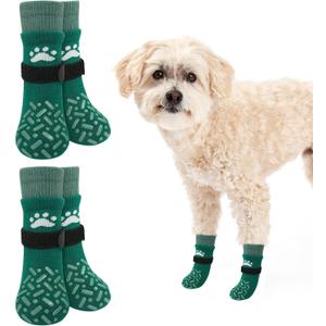 SCENEREAL Anti Slip Dog Socks to Prevent Licking Paws, Dog Shoes for Hot/Cold Pavement, Paw Protector Traction Control on Hardwood Floor, Dog Shoes Booties for Puppy Small Medium Large Senior Dogs (XS(Pack of 4), Classic Style-Green
