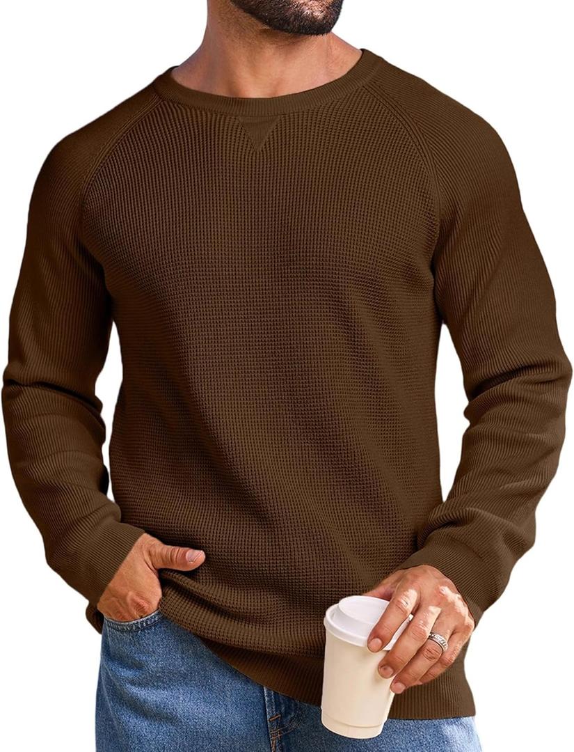 Vssjavun Mens Waffle Knitted Sweater Relaxed Boxy Fit Raglan Sleeve Crewneck Pullover Sweaters (Brown, L)