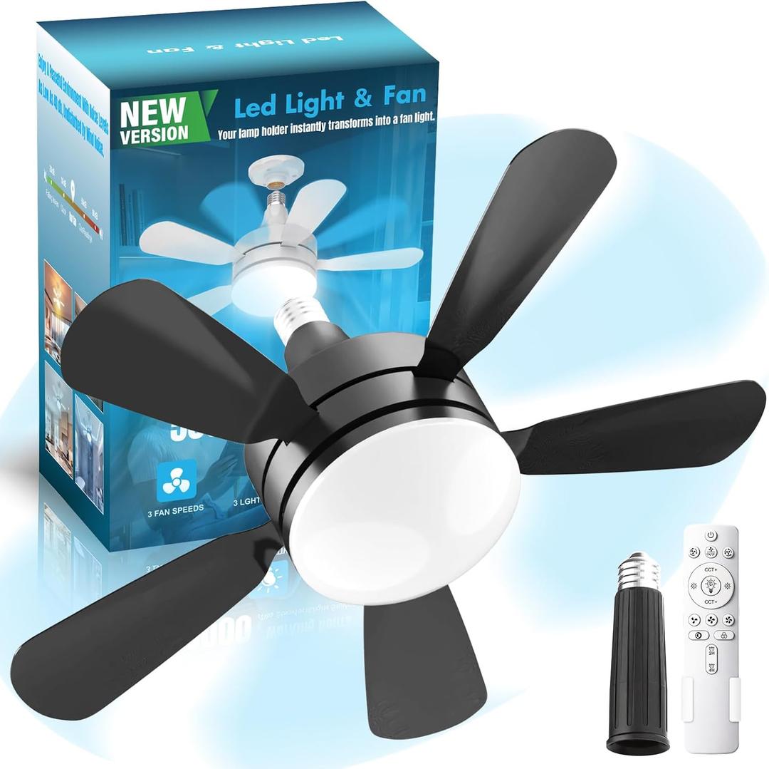 17.7" Socket Fan Light, Stepless Dimmable 3000K-6500K Small Ceiling Fans with Lights and Remote, 3000 Lumens E26/E27 Light Bulb Fan with Reversible Motor, for Bedroom Garage Kitchen Living Room