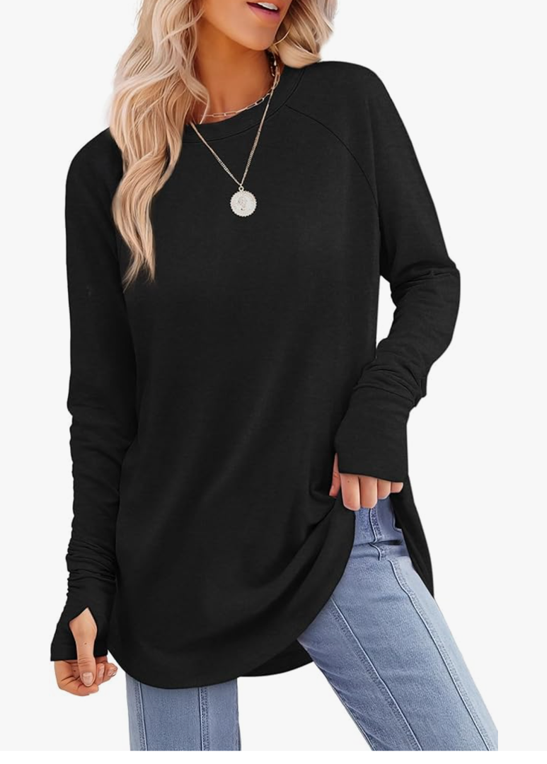 Womens Tunic Tops to Wear with Leggings Long Sleeve Thumb Hole Shirts Crew Neck Curved Hem M