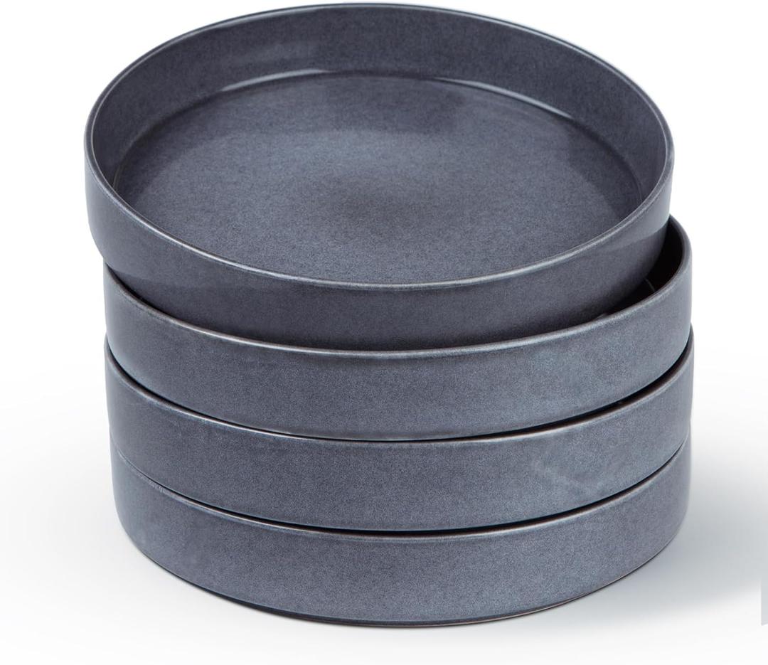 famiware Annecy Pasta Bowls Set of 4, 24 oz Salad Bowl Plates, Stoneware Dinnerware/Dishware/Plateware Set for Serving, Dining, Noodles, Remen - Microwave & Dishwasher Safe, Reactive Glaze, Misty Blue