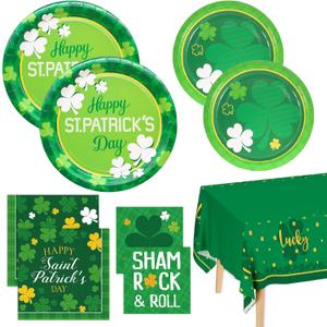 St. Patrick's Shamrock Party Supplies, Irish Clover Themed Disposable Plates Napkins and Tablecloth Tableware Set for Irish Shamrock and Roll Party Happy Saint Patricks Party Decorations, Serve 25