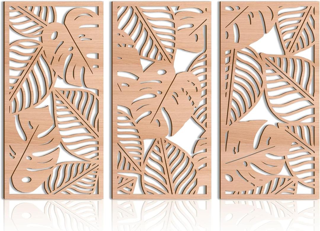 IARTTOP Large Wood Tropical Wall Art 15.9X32 Inch Carved Palm Leaves Wall Decor Coastal Leaf Monstera Plant Wall Sculptures for Living room Bedroom Set of 3, 16 x 32 inches