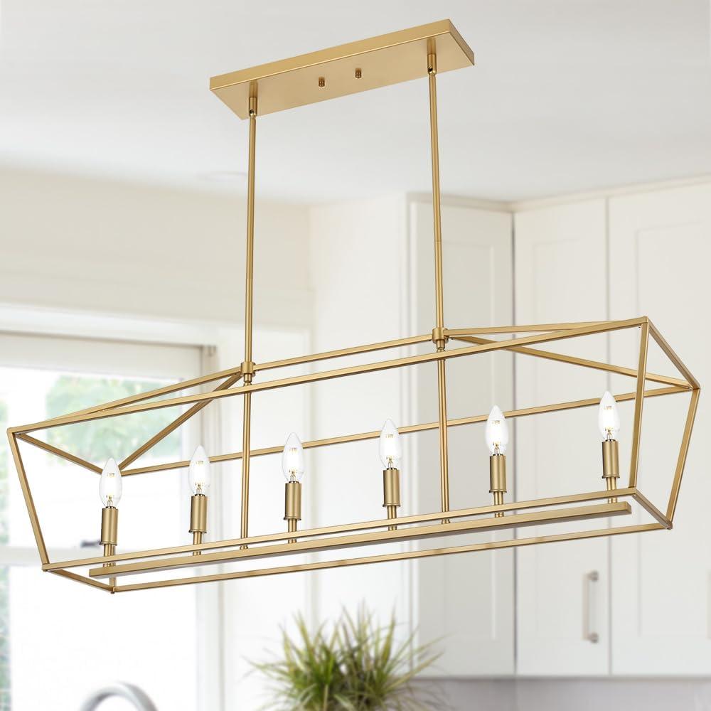 6-Light Kitchen Island Lighting, Gold Linear Chandelier Dining Room Over Table, Rectangle Pendant Light Fixtures Golden Finish for Living Room