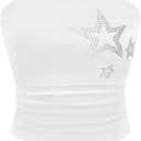 WDIRARA Women's Star Rhinestone Ruched Strapless Crop Tube Top Y2k Graphic Bandeau Tops (X-Large, White)