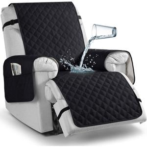 TAOCOCO 100% Waterproof Recliner Chair Covers, Reversible Recliner Covers with Leg Straps, Washable Recliner Sofa Covers for Larger Recliner Furniture Dog Protector with Pocket (Black, 28'')