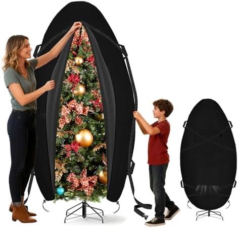 Kovshuiwe Upright Christmas Tree Cover-for 8.5FT/9FT Christmas Trees or Topiary Trees, Holiday Tree Cover with Waterproof Zipper, Heavy Duty 600D Oxford Durable Vertical Xmas Storage Bags(Black)