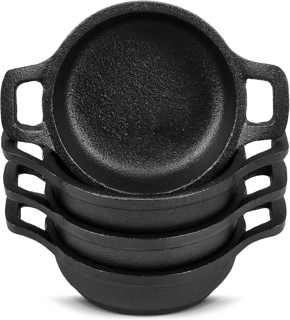 4 Pcs Small Cast Iron Skillets Set - Mini 4 x 1.2 Inches Skillet Ramekins With Handle - Black Serving Dishes Round Pan Oven Safe Cookware for Kitchen Picnic