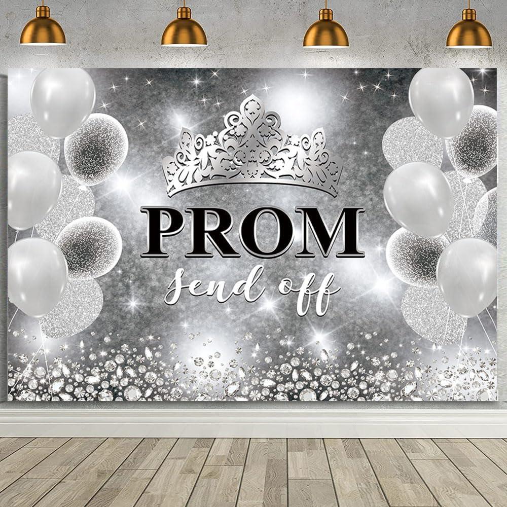 MEHOFOND 7x5ft Prom 2026 Backdrop Black and Silver Crown Send Off Decorations Banner Congrats Graduation Background Graduation Prom Night 2026 Party Decorations Banner Photo Studio Props