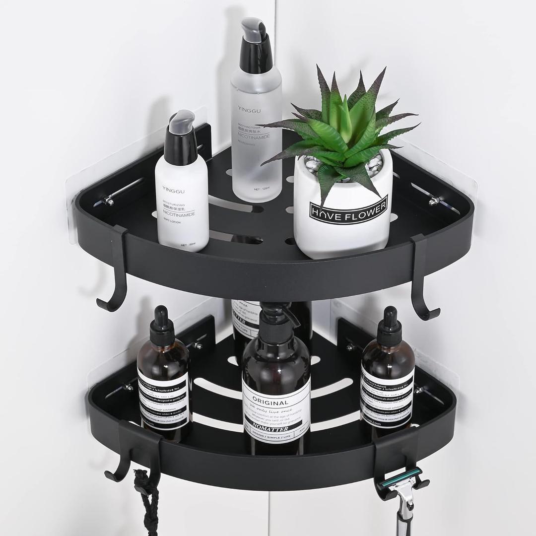 Adhesive Corner Shower Caddy with Hooks,Bathroom Shower Organizer, No Drilling Rust Proof Aluminum Shower Shelf for Inside Shower 2 Pack (Black)
