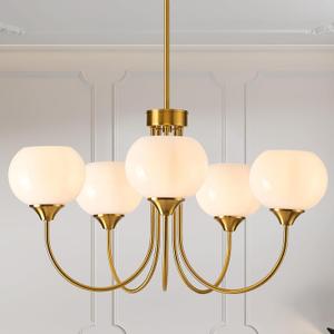 Modern Globe Chandelier 5 Light Mid Century White Milk Glass Vintage Sputnik Hanging Chandeliers Gold Pendant Light Fixtures for Dining Room Kitchen Living Room Bedroom, Rod