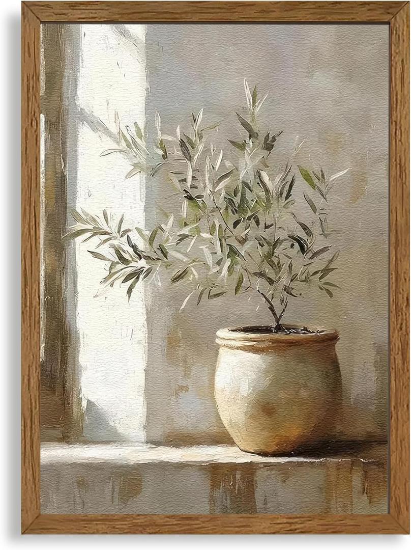 AVECCO Framed Vintage Olive Botanical Tree Canvas Wall Art, Rustic Farmhouse Wall Decor, Unique Plant Art Prints for Bathroom Bedroom Living Room Office Home Kitchen Decoration Ready to Hang 16x24 In