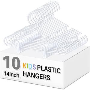 Hsei 10 Pcs 14 in Baby Youth Kids Clothes Hangers with 20 Clips for Pants Non-Slip Toddler Plastic Hangers for Child Aged 7-12 Years, Space Saving Design with Shoulder Notches for Trousers Tops Jeans