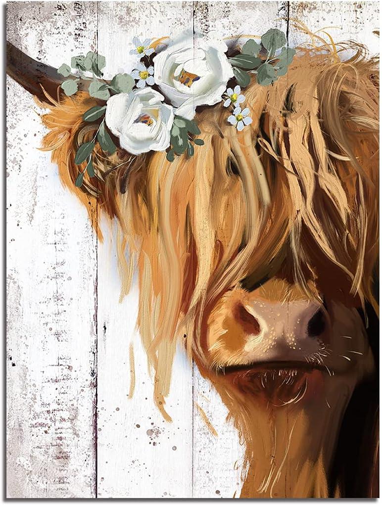 Highland Cow Art and Farmhouse Wall Decor - Country Canvas Printing Rustic Bedroom Decor Retro Yak Wall Art Home Artwork Print Used in Bathroom Office Bedroom Kitchen Dining Room Decorate (36"L x 24"W)