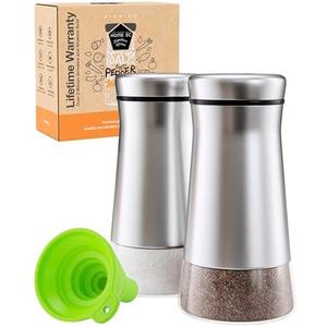 HOME EC Original Salt and Pepper Shakers Set with Adjustable Pour Holes - Glass and Stainless Steel Salt Shaker and Pepper Shaker - Farmhouse Spice dispenser for salts, ground peppercorn and spices