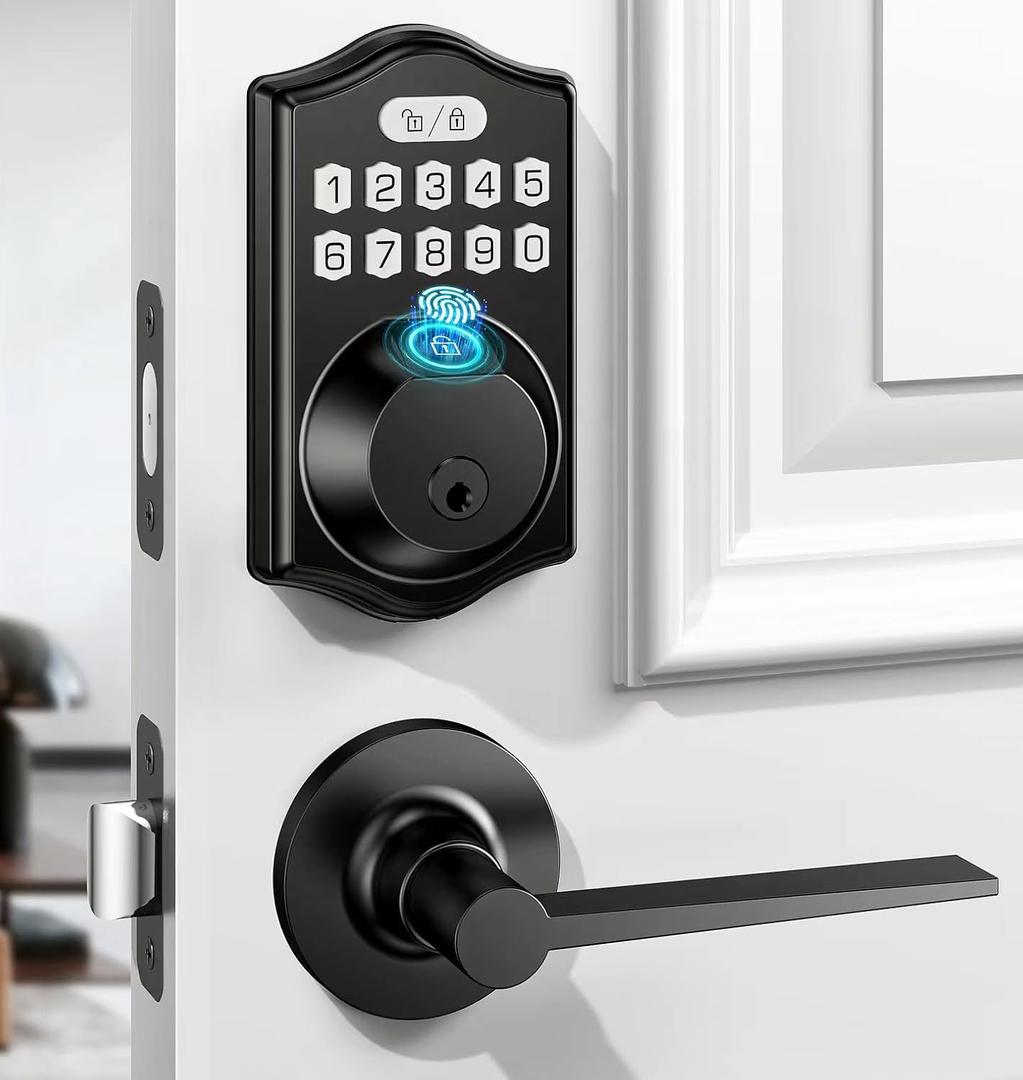 keyless Entry Door Lock deadbolt with Handle Set-Front Smart Door Locks for Front Door-with 2 Lever Handles-Electronic Keypad Code Deadbolt, Fingerprint Door Lock-Auto Lock(Black)
