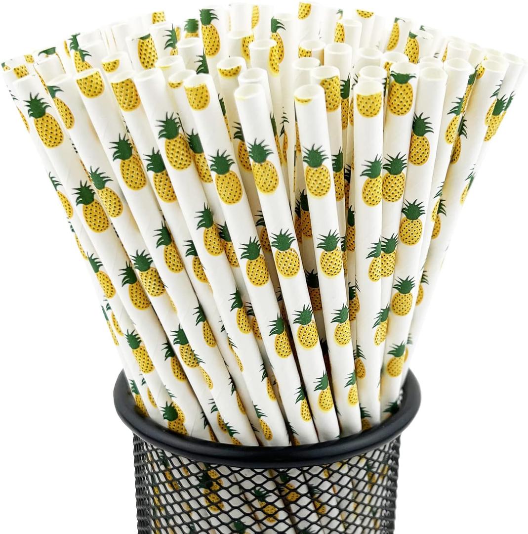 2 x YAOSHENG Premium Disposable Drinking Fruit Paper Straws, Pack 100 Pineapple Paper Straws for Cocktail Party Supplies,Birthday,Bridal/Baby Shower,Juice,Shakes (Pineapple)
