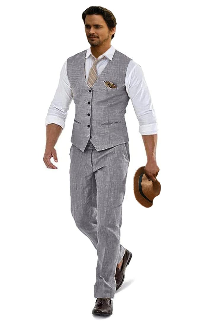 Furuyal Men Linen Casual Suit Summer Beach Wedding Suits Groomsmen Attire Prom Tuxedos Formal Outfit Vest+Pant Light Gray-XXL