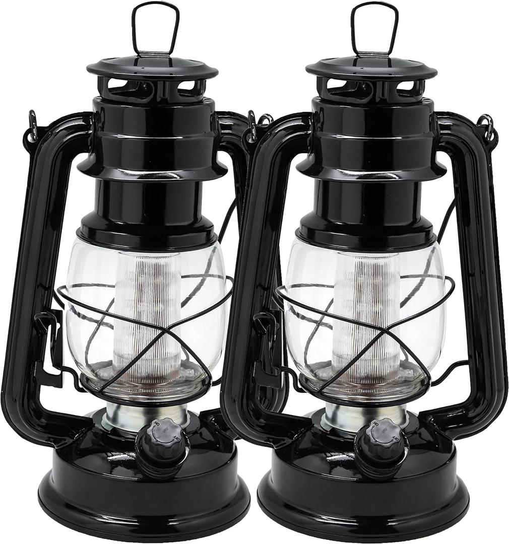 YAKii LED Vintage Lantern Metal Hanging Hurricane 12 LED Dimmer Switch Warm White Battery Operated Power Outage Indoor Camping Lighting Outdoor Brooklyn (Black 2 Pack)
