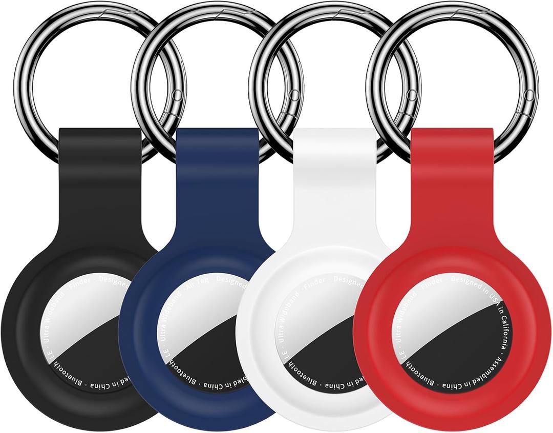 Compatible with AirTag Holder Case 4 Pack,for AirTag 2nd & 1st Generation Airtag Keychain Ring Case Cover,for AirTags Holder GPS Tracker for Apple Airtag Finders Air Tagholder for Kids,Bags,Luggages (Black/White/Blue/Red)