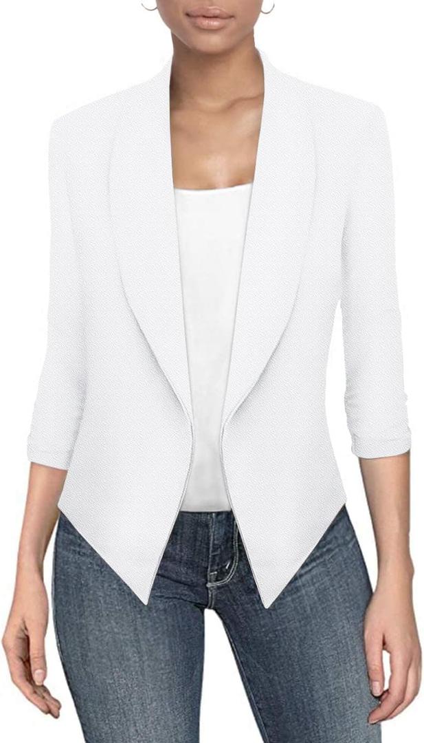 Hybrid & Company Lightweight Open Front Cardigan Classic Ruched Sleeve Work Office Blazer Suit Jackets (Medium, White)