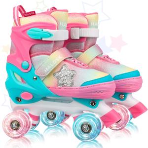 Girls Roller Skates for Kids Boys, Adjustable Double Row Quad Skate with Light-Up Wheels, Gradient Star Design for Beginners Ages 312 (Medium - Big Kids, Pink)