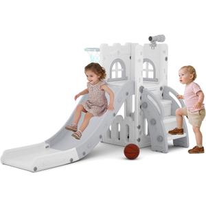 6 in 1 Toddler Slide,Kids Playset for Toddlers Indoor Outdoor, Baby Slide with Basketball Hoop, Telescope & Storage Space,Non-Slip Steps for Great Gift (Gray)