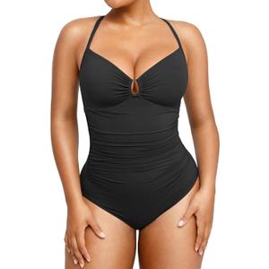SHAPELLX Womens Swimsuits Tummy Control Bathing Suit Slimming One Piece U-Ring Shapewear Swimwear with Ruched Waist (Black, M)