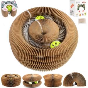 Upgraded-Magnetic Magic Organ Cardboard Cat Scratcher Toy with 2 Balls for Mental Physical Exercise, Multi-Shape Interactive Cardboard Cat Toy for Indoor Cats Flip with Fun, Brown/Gray,M, 1PCS