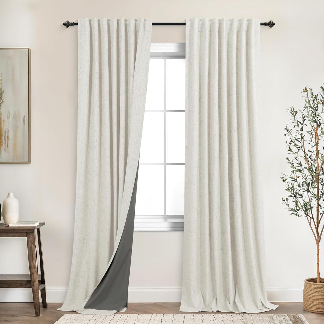 KOUFALL 94 Inch Long Curtains 2 Panels Set,Black Out Room Darkening Linen Blackout Curtain Drapes for Living Room Bedroom,Cream