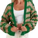 Saodimallsu Womens Cropped Cardigan Striped Open Front Long Lantern Sleeve Color Block Loose Chunky Knit Sweater Coat (Green)