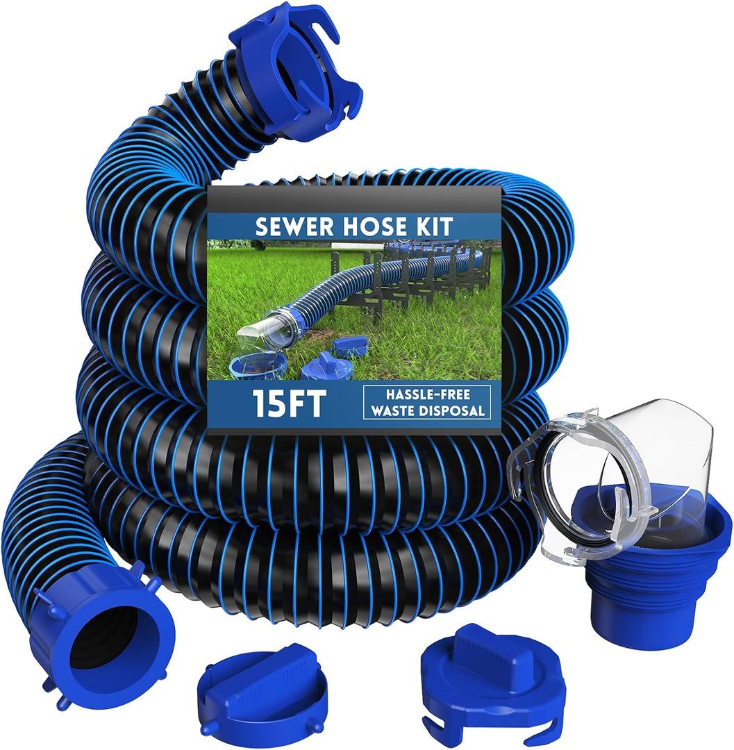 DUMPMAN RV Sewer Hose 15 FT, Sewer Hose for RV Camper RV, Sewer Hose Kit with Swivel Fitting - Includes 90 Degree Clear View Sewer Adapter, and 2 Storage Caps