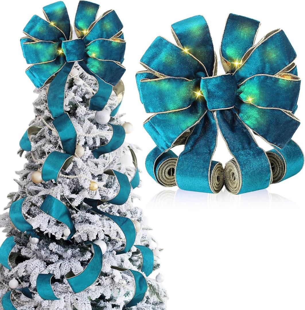 Soulchen Velvet Large Christmas Tree Topper Bow 12.6 x 118 Inch Lighted up Double Side Velvet Christmas Bow with 4 x 3 Yards Ribbon Streamers for Holiday Xmas Tree Party Decoration(Turquoise)
