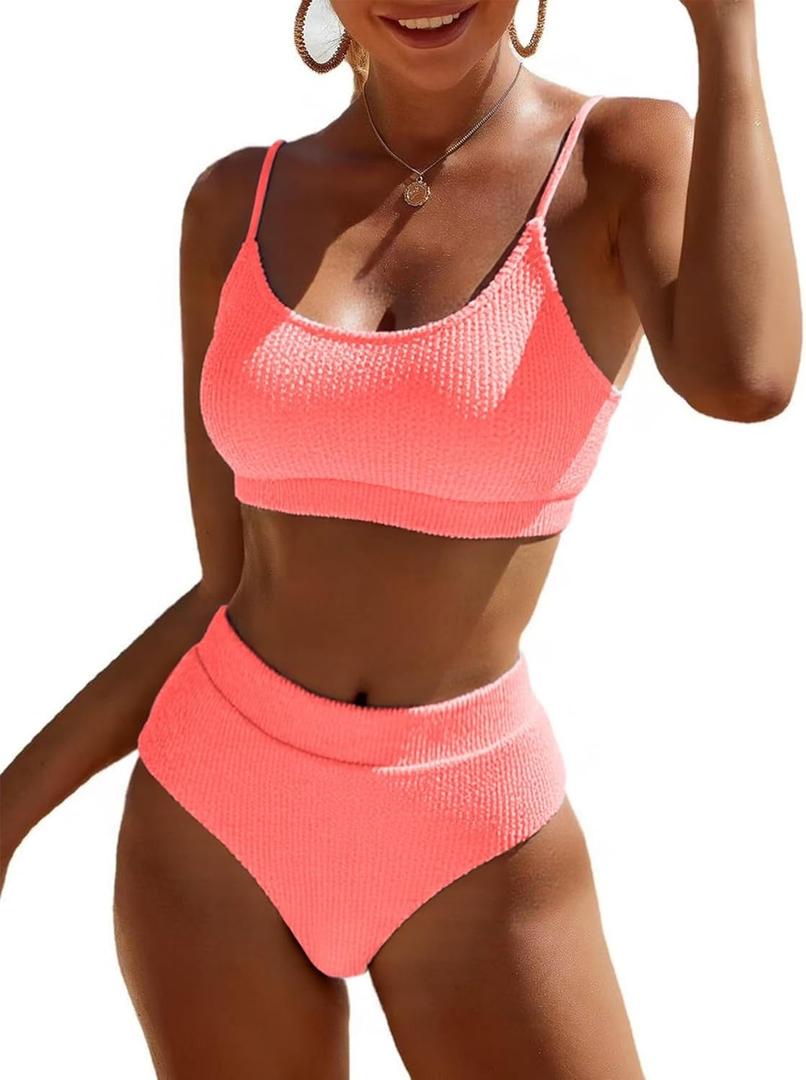 Fanuerg Women's Ribbed High Waisted Bikini Sets Scoop Neck Two Piece Swimsuits Spaghetti Strap Textured Bathing Suit (Pink, S)