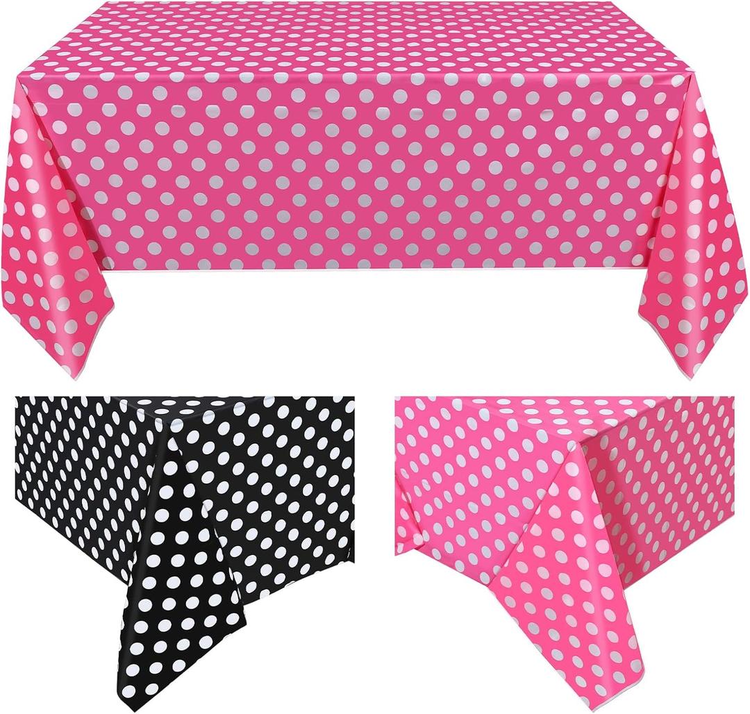 Tegeme 3 Pieces Plastic Polka Dot Tablecloth Mouse Table Cloth Rectangular Pink and White Polka Dot Tablecloth 54 x 108 Inches Black and White Table Cover for Mouse Themed Party Birthday Decorations