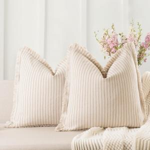 ZWJD Throw Pillow Covers 20x20 Set of 2 Striped Pillow Covers with Fringe Chic Cotton Decorative Pillows Square Cushion Covers for Sofa Couch Bed Living Room Farmhouse Decor, Khaki