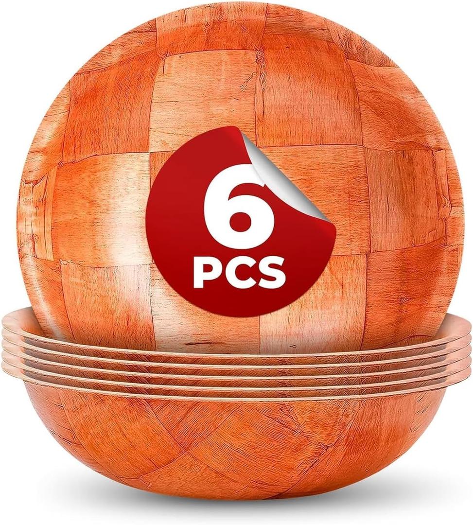 6 Pack Wooden Salad Bowls  7.9"x2" Serving Bowls for Pasta, Fruit & Snacks, Lightweight Wood with Smooth Finish, Easy to Clean & Stack  Great for Home, Parties & Lovely Valentines Gifts for Hosts