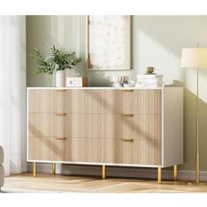 IDEALHOUSE Natural Dresser, Modern 6 Drawer Dresser for Bedroom with Gold Handle and Large Drawer, Wood Double Chest of Drawers and Storage Organizer for Living Room, Hallway, Entryway