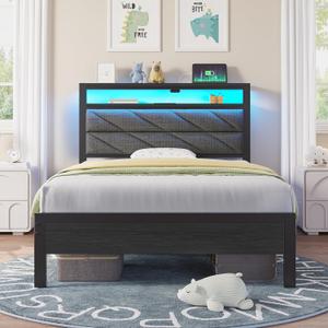 Seventable Bed Frame Twin Size with Charging Station, LED Bed with Upholstered Storage Headboard, Metal Platform Bed with Under Bed Storage, No Box Spring Needed, Noise Free, Easy Assembly, Grey Seventable Bed Frame Twin Size with Charging Station, LED Bed with Upholstered Storage Headboard, Metal Platform Bed with Under Bed Storage, No Box Spring Needed, Noise Free, Easy Assembly, Grey