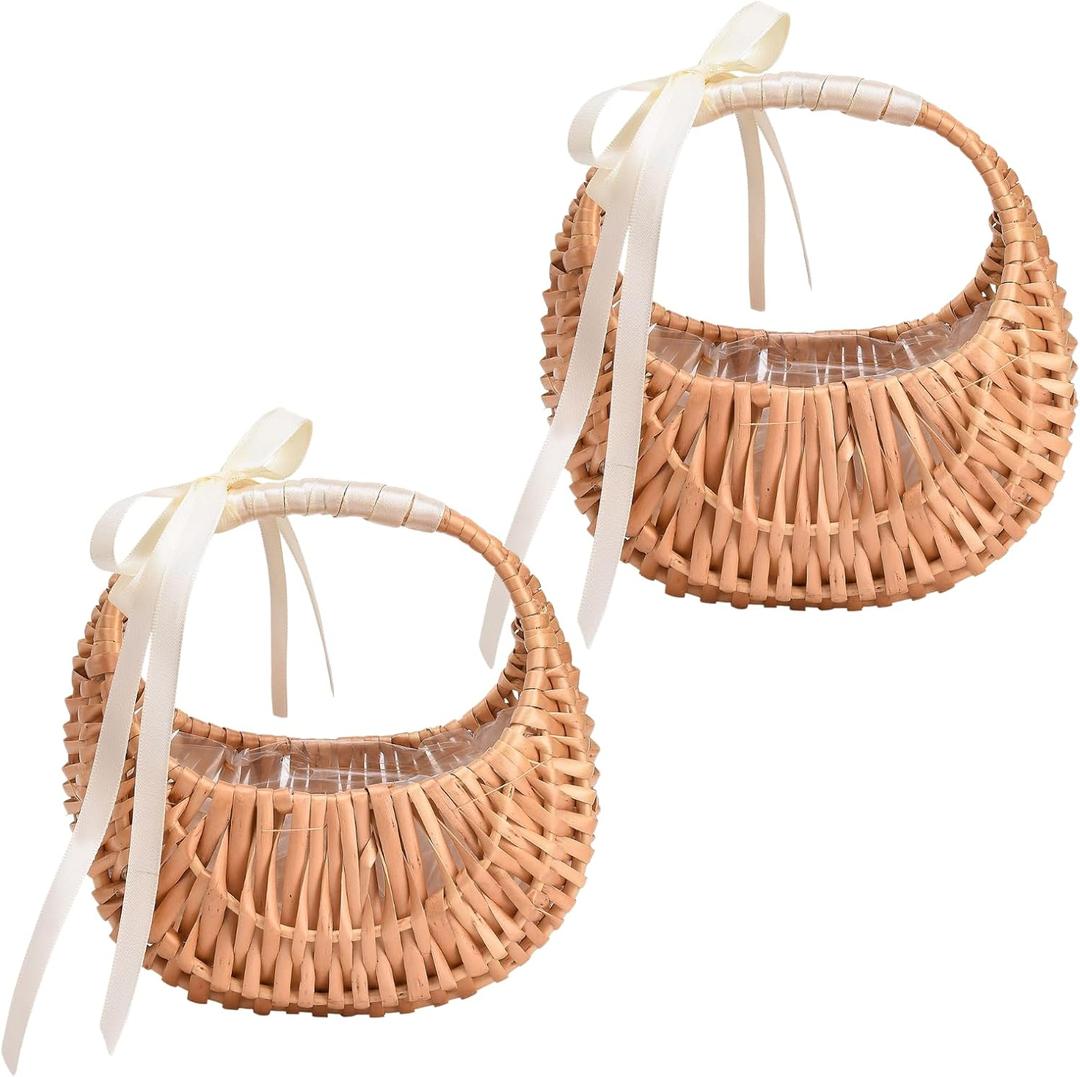 2 PCS Wicker Rattan Flower Baskets Small Half Moon Wicker Basket with Handle and Ribbons Wedding Flower Girl Straw Basket Willow Woven Storage for Wedding Party Decor(Brown) (2)