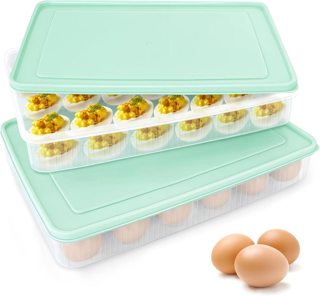 2PCS Deviled Egg Containers with Lid,Portable Storage Carrier Egg Holder,Stackable Plastic Egg Tray Carrier for Kitchen,Fridge,Keep Fresh,Easter(48 Eggs)