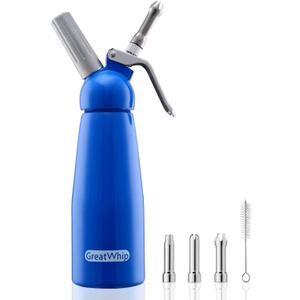 GreatWhip Whipped Cream Dispenser Highly Durable Aluminum Whip Cream Maker 500ml /1 Pint Large Capacity Cream Whipper with 3 Stainless Steel Nozzles & Cleaning Brush (Blue)