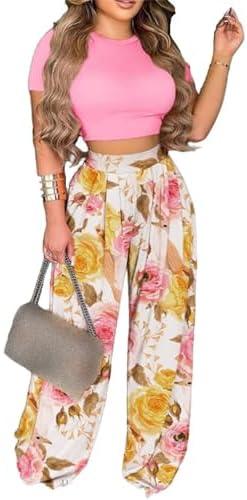 Mandonce 2 Piece Outfits for Women Crew Neck Short Sleeve Crop Tops Printed Wide Leg Long Pants Summer Matching Sets Large